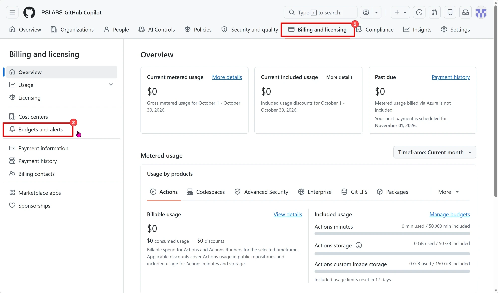 GitHub Enterprise 的 Billing and licensing 頁面，紅框標示上方選單的 Billing and licensing 與左側選單的 Budgets and alerts