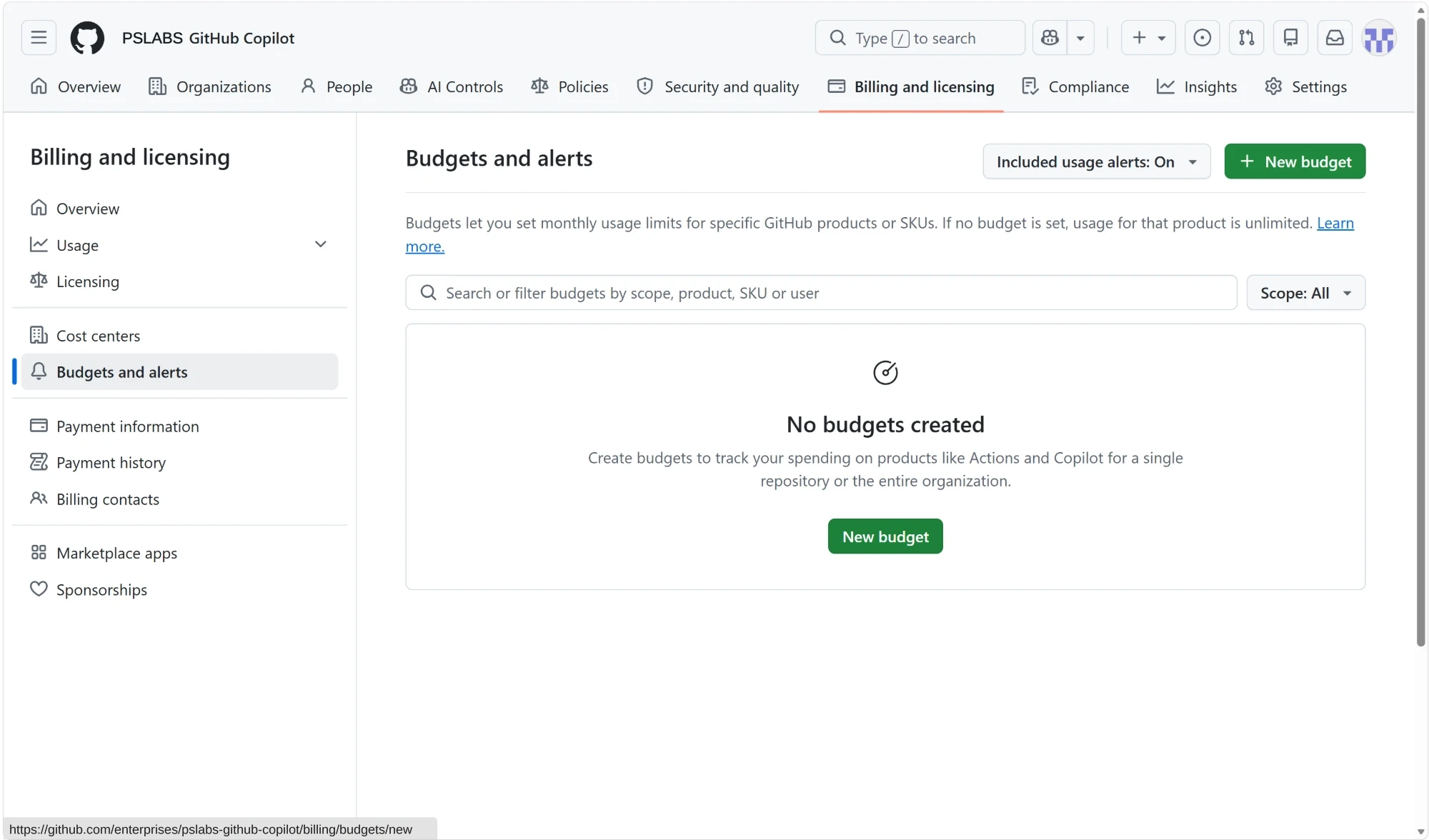 Budgets and alerts 頁面，顯示 No budgets created 與綠色的 New budget 按鈕
