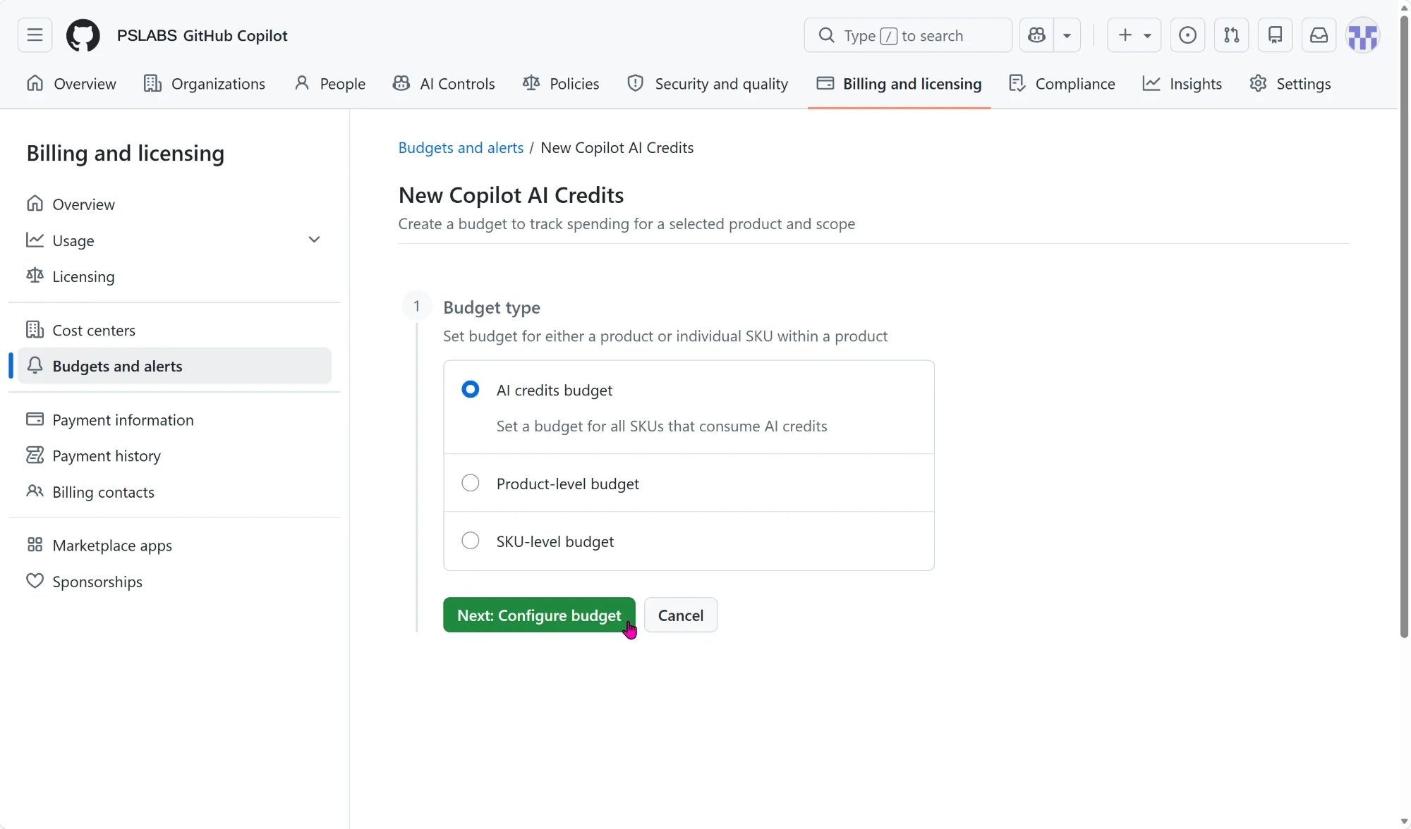 New Copilot AI Credits 畫面，Budget type 選擇 AI credits budget，下方有 Next: Configure budget 按鈕