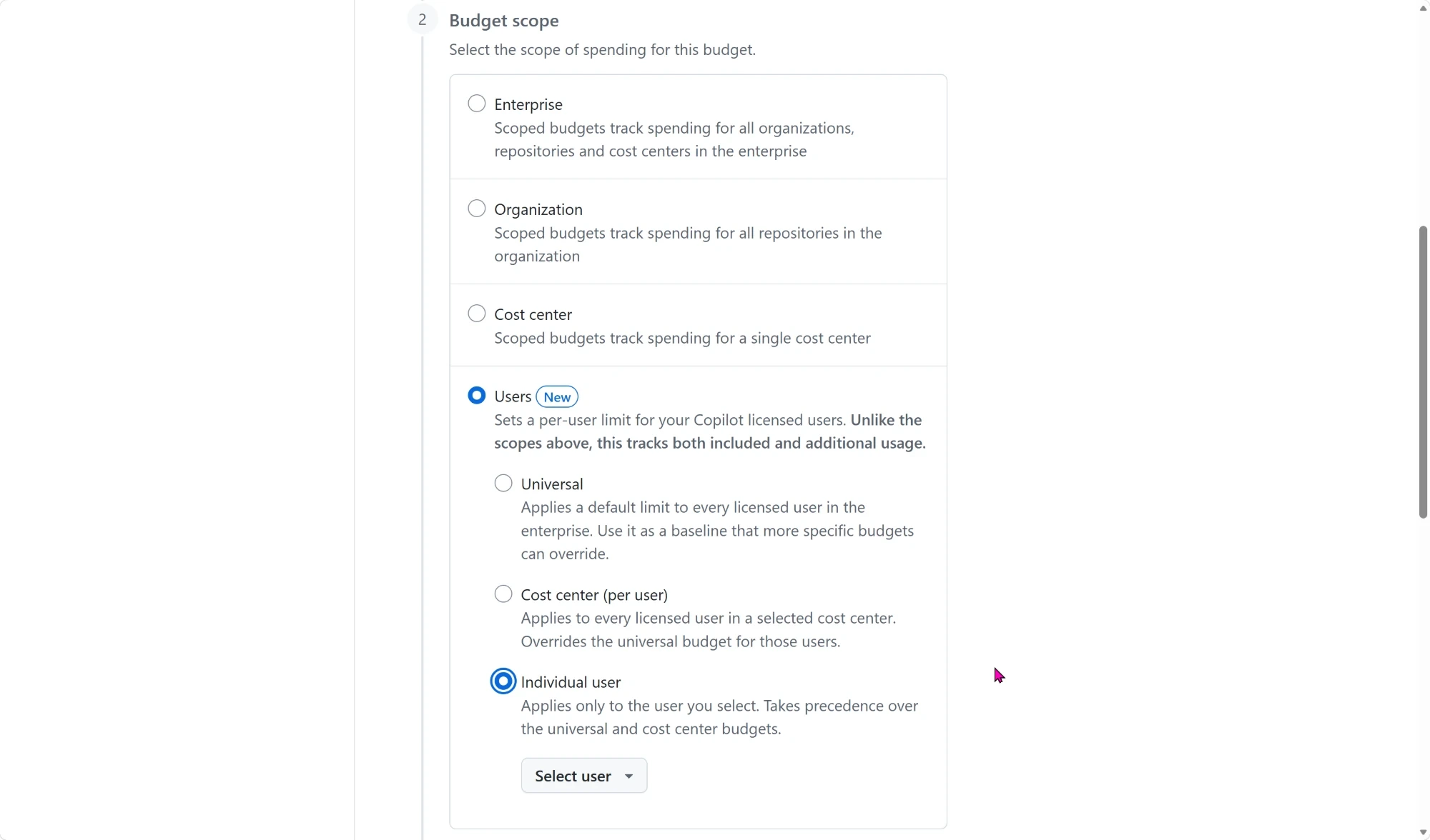 Budget scope 畫面，選擇 Users 後出現 Universal、Cost center (per user)、Individual user 三個選項，並選取 Individual user