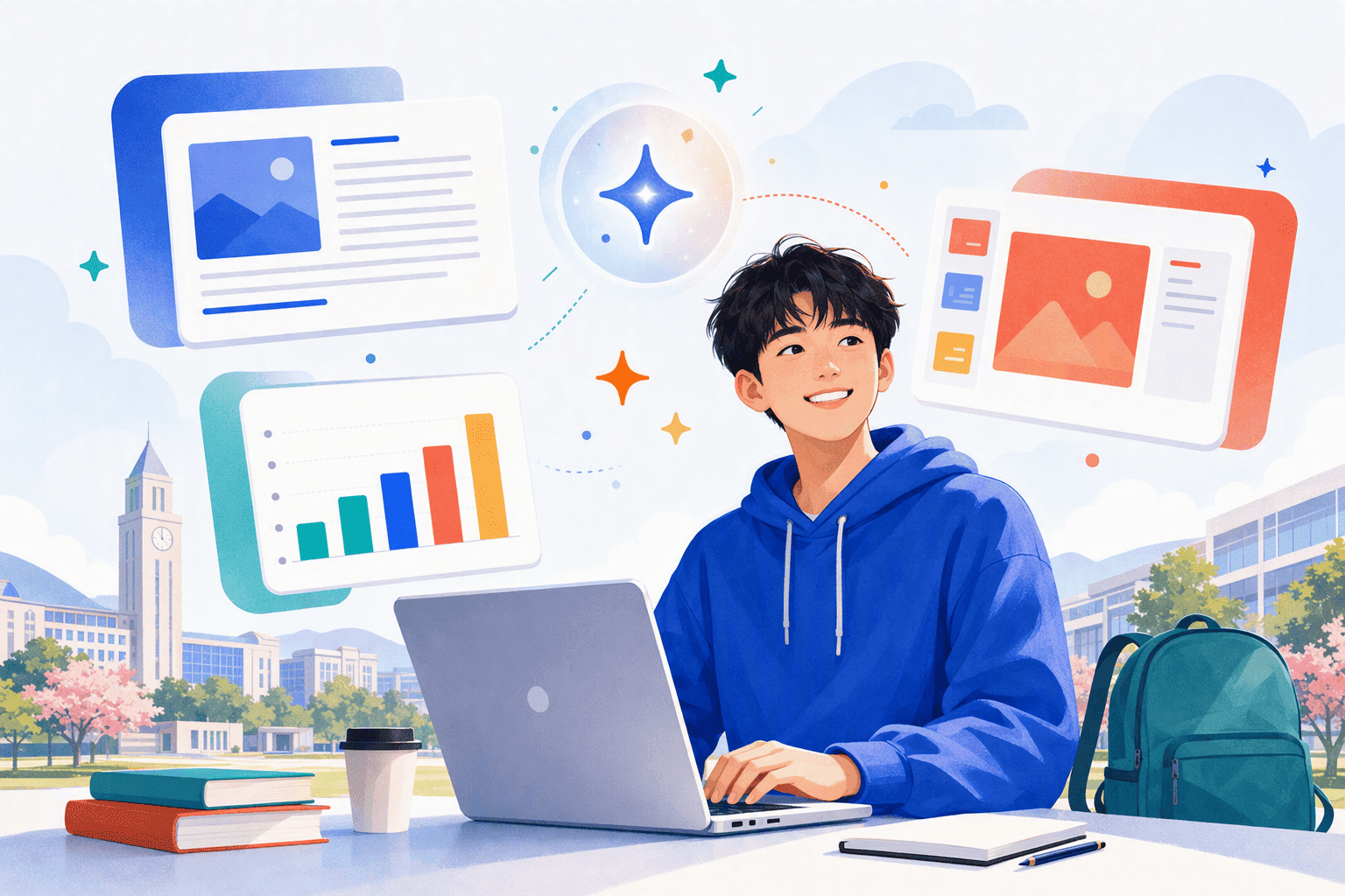 學生使用筆電搭配 AI 工具學習的示意插圖