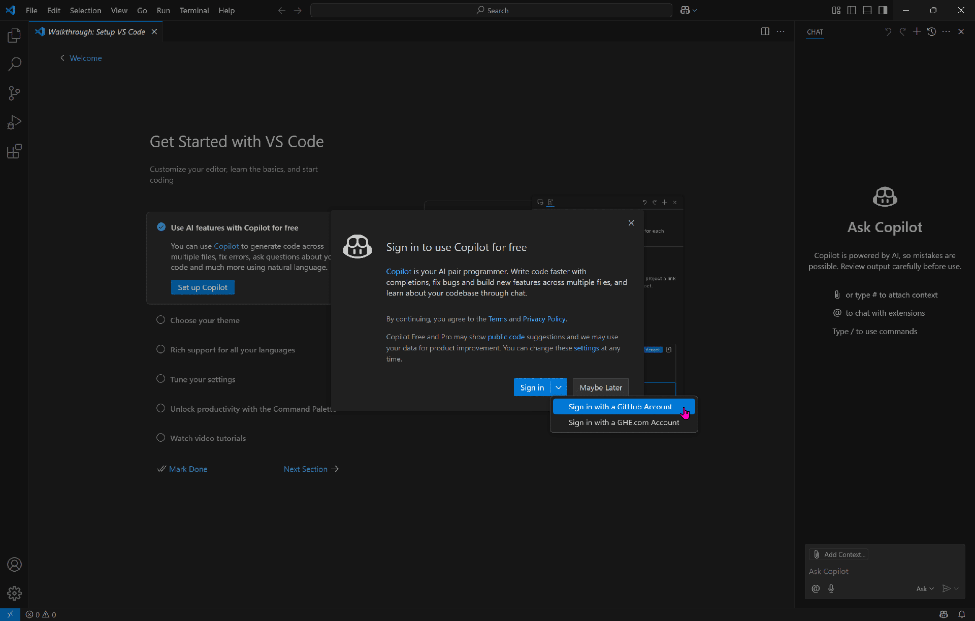 在 Visual Studio 啟用 GitHub Copilot 的畫面