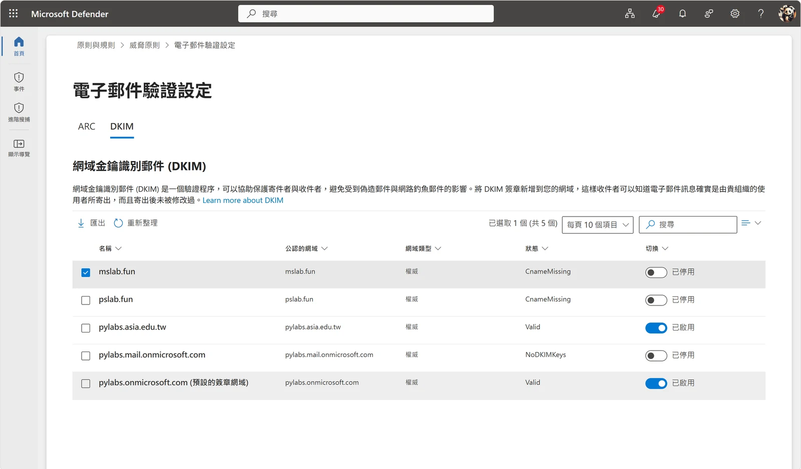 電子郵件驗證設定的 DKIM 清單