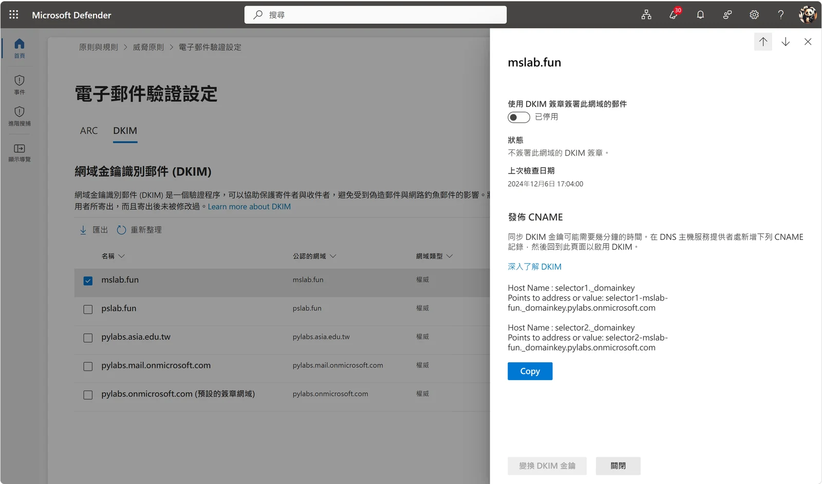 勾選網域後開啟的 DKIM 設定面板(啟用前)