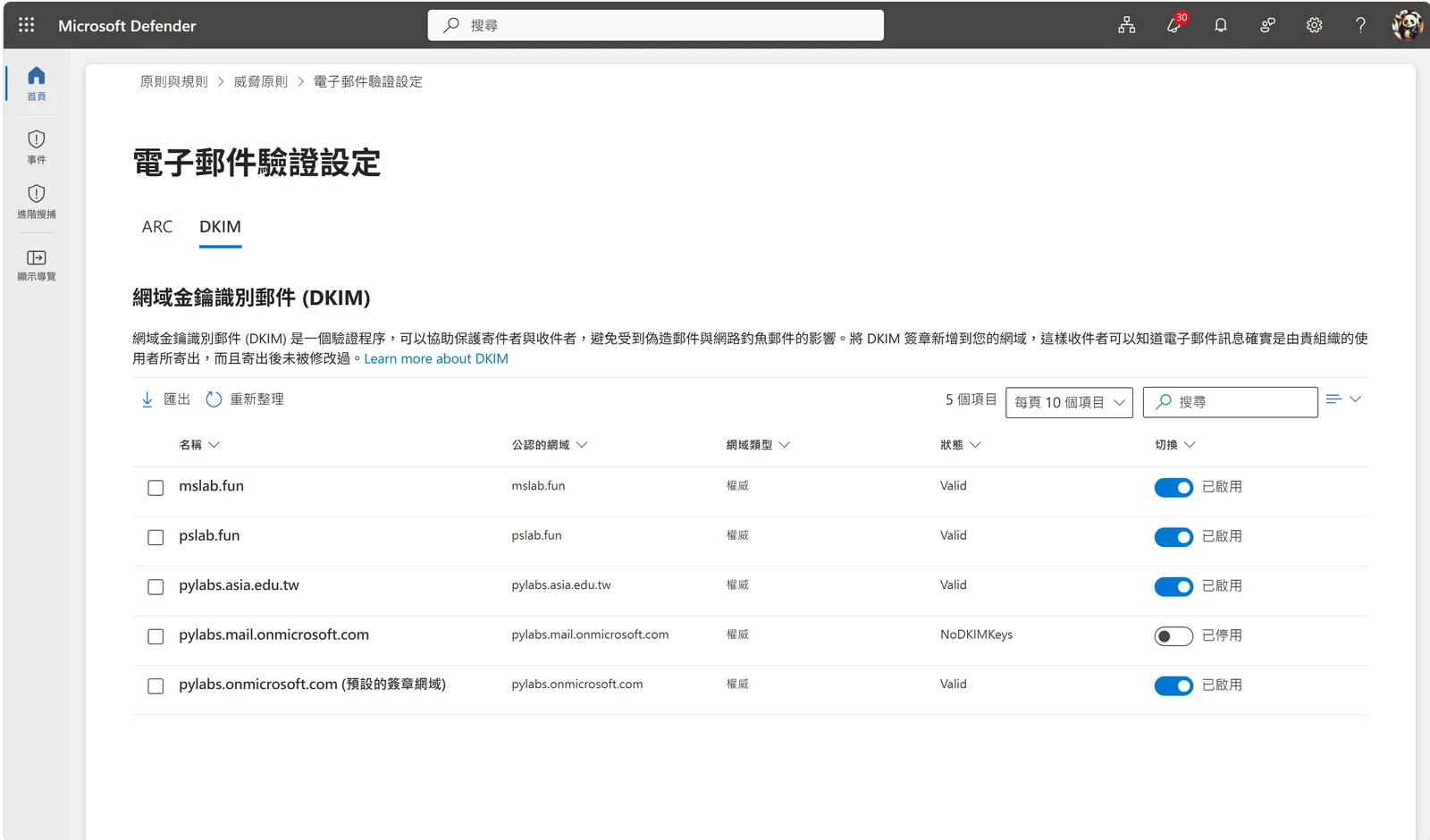 啟用後的 DKIM 清單